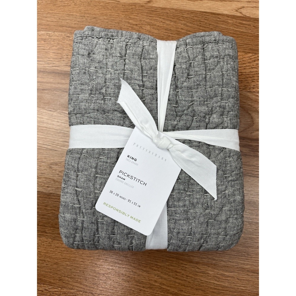 Pottery Barn Pickstitch King Size Pillow Sham‎ in Light Gray NEW